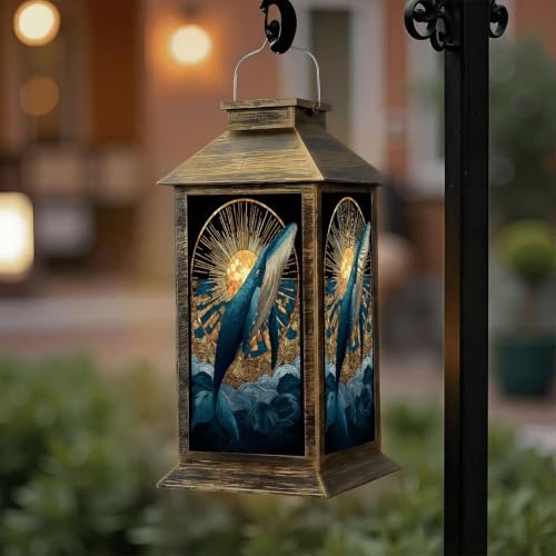 Solar Lantern Abstract Ocean Whale Suncatcher Stained Glass Decor Outdoor Waterproof Garden Hanging Lantern Solar Powered Lighting Outside Solar Light for Patio Yard Camping, Gifts for Women Mom - Image 6