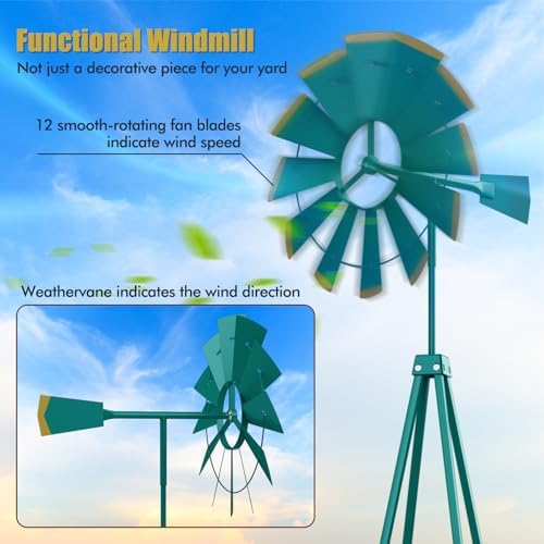 Goplus 8 ft Ornamental Windmill, All-Weather Metal Wind Mill w/ 4 Support Legs, Decorative Weathervane for Backyard, Garden, Farm, 4 Ground Stakes Included (Green) - Image 3