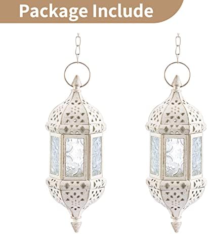 2 Pcs Moroccan Lantern Metalwork Hanging Tealight Candle Holder Metal Glass Indoor Outdoor Battery Operated LED Flameless with 35cm Chain, White - Image 6