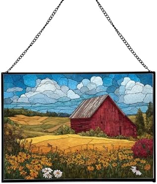 Barn Surrounded by Summer Wildflowers Rectangular Stained Glass Suncatcher – Hanging Window Panel with Animal & Nature Scene – Vibrant Glass Art Gift for Wildlife, Fantasy, Nature Lovers hfGgwX by Custom
