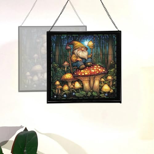 Garden Toad Gnome Stained Glass Suncatcher – Square Hanging Window Panel for Home or Greenhouse – Whimsical Glass Art Gift for Garden Lovers, Christmas, Halloween, Father Days ztAlXH - Image 4