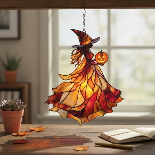 Autumn Witch Acrylic Suncatcher - Faux Stained Glass Indoor Window Hanging Ornament, Outdoor Sun Catcher Panel, Home Decor Gift for Halloween Lovers - Image 2