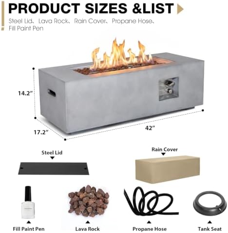 42inch Rectangle Propane Fire Pit Table Concrete for Outside Patio - Image 2