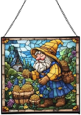 Gnome Beekeeping Stained Glass Suncatcher – Square Hanging Window Panel for Home, Garden, Nursery, Halloween, Christmas, Memorial Day – Whimsical Glass Art Gift for Gnome Lovers kbh7x5 by Custom