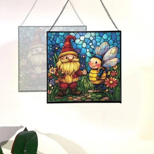 Bee Friend Gnome Stained Glass Suncatcher – Square Hanging Window Panel for Home or Greenhouse – Whimsical Glass Art Gift for Garden Lovers, Christmas, Halloween, Father Days SepAyu - Image 4