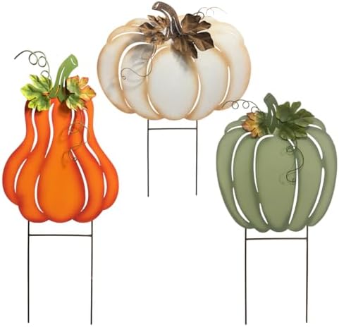 Fall Harvest Metal Pumpkin Garden Stakes, Set of 3, Orange White Green, Autumn Yard Decor by ABELOTS
