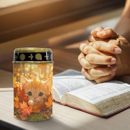 Poceacles Flameless Candle Solar Powered Grave Outdoor Lights Cemetery Candle Flameless Fake LED Pillar Lights Outdoor Waterproof Lawn Decoration, Cute Cat Autumn Forest Leaf, Set of 4 - Image 5