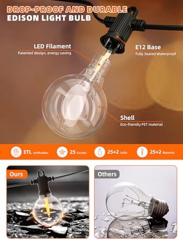Kawaya G40 Outdoor String Lights Solar 50FT IP65 2700K LED Patio Light - Image 6