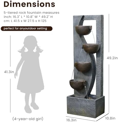 5-Tier Cascading Outdoor Fountain with LED Lights, 49.2" Tall Resin Waterfall Fountain for Garden, Patio, Backyard - Freestanding Water Feature - Image 2