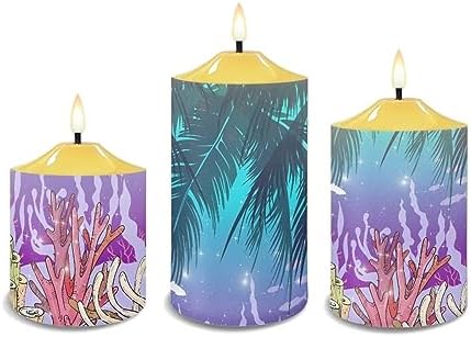 Cozeyat Flickering Flameless Candles with Timer, Seaweed Palm Leaf Scenery Print Flameless LED Candles Set of 3, Unscented Flameless Bullet Floating Candles for Party Decoration - Image 2