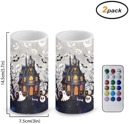 Set of 2 Halloween Flameless Candles Bulk Battery Operated Candles with Timer Remote LED Pillar Lights for Trick or Treat Party Ghost Haunted House Print Flickering Table Lights - Image 2