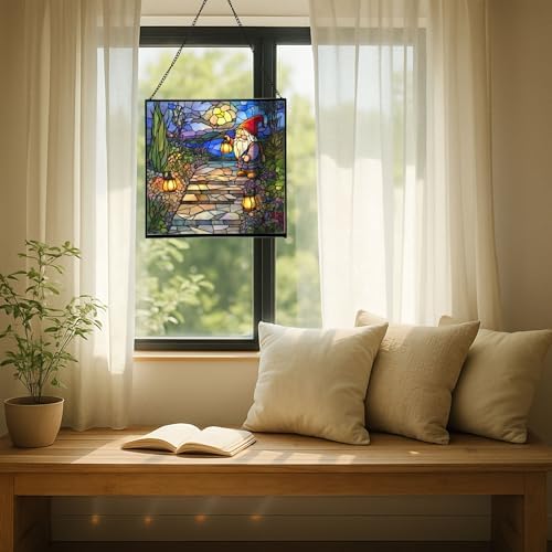 Lantern Path Gnome Stained Glass Suncatcher – Square Hanging Window Panel for Home or Greenhouse – Whimsical Glass Art Gift for Garden Lovers, Christmas, Halloween, Father Days Hw8NZS - Image 7