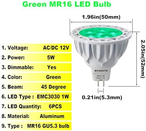 6-Pack MR16 Green Led Bulbs 5W Replace 35W 50W Halogen Equivalent,12V Low Voltage MR16 GU5.3 Green Color Bulb Spotlights for Outdoor Landscape Flood Track Lighting, Dimmable,45 Deg - Image 2