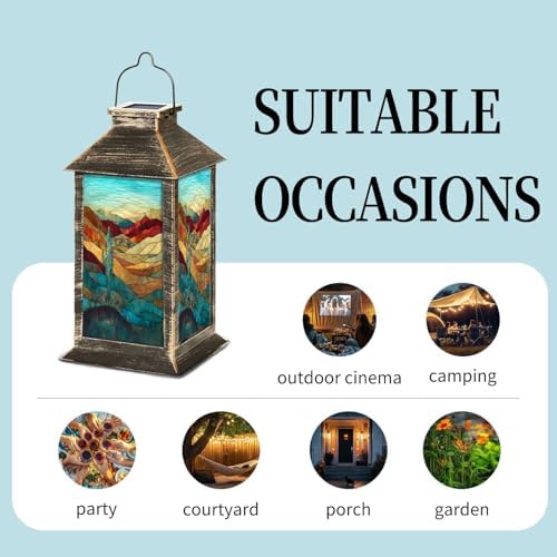 Solar Lantern Western Landscape Stained Glass Cactus Turquoise Outdoor Waterproof Garden Hanging Lantern Solar Powered Lighting Outside Table Lamp for Patio Deck Camping 1 Pack - Image 5