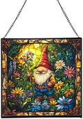 Midsummer Gnome Garden Stained Glass Suncatcher – Square Hanging Window Panel for Home or Greenhouse – Whimsical Glass Art Gift for Garden Lovers, Christmas, Halloween, Father Days P6KAqe by Custom