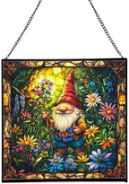 Midsummer Gnome Garden Stained Glass Suncatcher – Square Hanging Window Panel for Home or Greenhouse – Whimsical Glass Art Gift for Garden Lovers, Christmas, Halloween, Father Days P6KAqe by Custom
