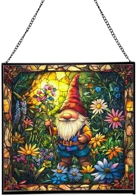 Midsummer Gnome Garden Stained Glass Suncatcher – Square Hanging Window Panel for Home or Greenhouse – Whimsical Glass Art Gift for Garden Lovers, Christmas, Halloween, Father Days P6KAqe by Custom