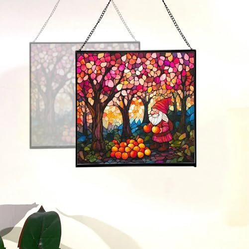 Gnome in Peach Grove Stained Glass Suncatcher – Square Hanging Window Panel for Home or Greenhouse – Whimsical Glass Art Gift for Garden Lovers, Christmas, Halloween, Father Days HTHgCN - Image 4