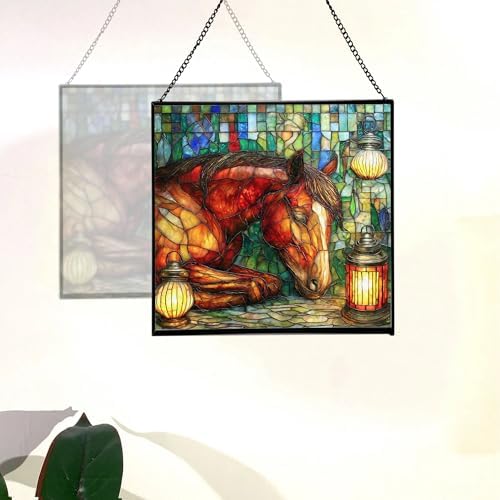 Bay Miniature Horse Curled Near Garden Lanterns Square Suncatcher – Stained Glass Style Window Panel with Pastoral Scene, Custom Decorative Hanging Art for Equestrian Home, Christmas w0YTNv - Image 4