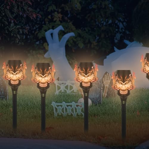 8 Pack Solar Halloween Lights Outdoor, Orange Skull Torch Lights - Image 2