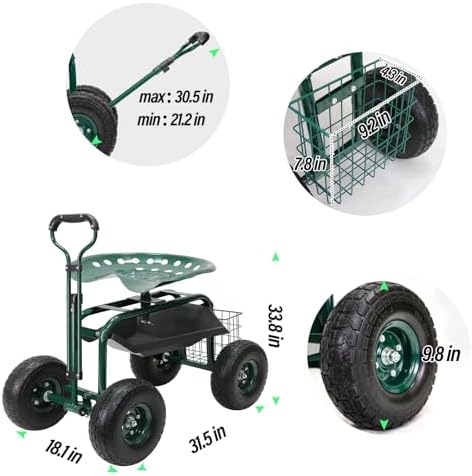 BESTHLS Rolling Garden Cart with Seat on Wheels Heavy Duty Support 500lb - Image 3