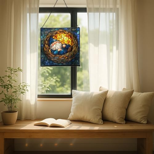 Dreamy Nest Gnome Stained Glass Suncatcher – Square Hanging Window Panel for Home or Greenhouse – Whimsical Glass Art Gift for Garden Lovers, Christmas, Halloween, Father Days ng8OPb - Image 7
