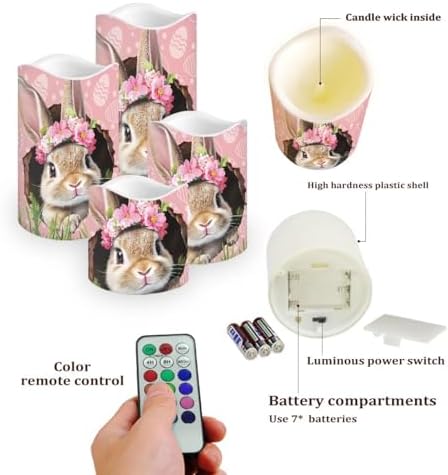 Rabbit Floral Flameless Candles with Timer and Remote Battery Operated LED Candles Color Changing Easter Party Pillar Candles Bulk Fake Candles for Festival Home Decor - Image 3