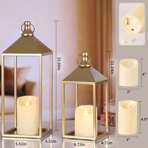 Decorative Candle Lanterns Indoor, 2 Pcs Gold Metal Lanterns with Candles - Image 2