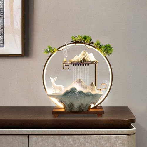 Tabletop Water Fountain Indoor Waterfall with LED Light Ring Backflow Incense Burner Mist Maker Zen Meditation Decor with Deer Statue for Home Office Desktop Relaxation Stress Relief - Image 2