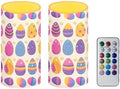 Set of 2 Flameless Candles with Remote Battery Operated Candles with Timer, Multicolor Easter Eggs Print, Flickering LED Pillar Lights for Easter Day Party Home Decor by Merkmak