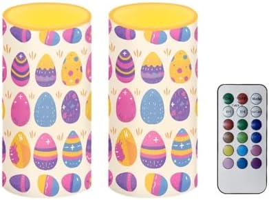 Set of 2 Flameless Candles with Remote Battery Operated Candles with Timer, Multicolor Easter Eggs Print, Flickering LED Pillar Lights for Easter Day Party Home Decor by Merkmak