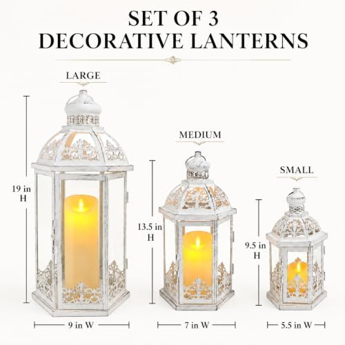 TRIROCKS Large Set of 3 Decorative Lanterns 19''&13.5''&9.5" H Vintage Hanging Lantern Metal Candle Lanterns with Tempered Glass for Indoor Outdoor Home Decor Parties Garden(White with Grey Brush) - Image 2