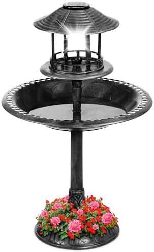 Best Choice Products Solar Outdoor Bird Bath Vintage Resin Pedestal Fountain Decoration for Yard, Garden w/Planter Base, Feeder, Decorative Bird Cage, Fillable Stand - Black by BestChoiceProducts