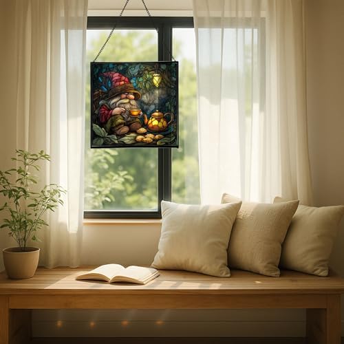 Gnome Tea Time Stained Glass Suncatcher – Square Hanging Window Panel for Home or Greenhouse – Whimsical Glass Art Gift for Garden Lovers, Christmas, Halloween, Father Days NlL056 - Image 7