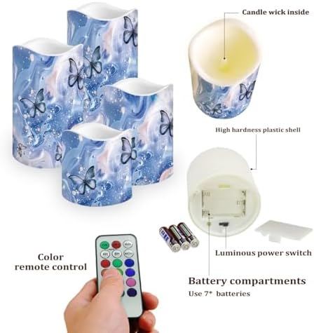 Blue Marble Butterfly Flickering Flameless Candles Battery Operated Candles Set of 4 with Remote Control Timer Color Changing Pillar Candles Bulk Tea Lights Home Table Kitchen Decoration - Image 3