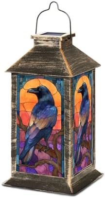 Solar Lantern Somber Raven Gnarled Branch Sunset Stained Glass Design Outdoor Waterproof Garden Hanging Lantern Solar Powered Lighting Outside Table Lamp for Patio Deck Camping 1 Pack by Unknown