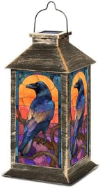 Solar Lantern Somber Raven Gnarled Branch Sunset Stained Glass Design Outdoor Waterproof Garden Hanging Lantern Solar Powered Lighting Outside Table Lamp for Patio Deck Camping 1 Pack by Unknown