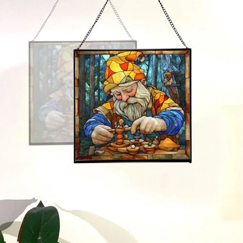 Gnome with Wooden Toys Stained Glass Suncatcher – Square Hanging Window Panel for Home, Garden, Nursery, Halloween, Christmas, Memorial Day – Whimsical Glass Art Gift for Gnome Lovers j20dxf - Image 4