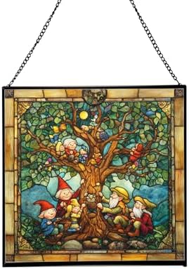Gnome with Family Tree Stained Glass Suncatcher – Square Hanging Window Panel for Home, Garden, Nursery, Halloween, Christmas, Memorial Day – Whimsical Glass Art Gift for Gnome Lovers 1cp3fp by Custom
