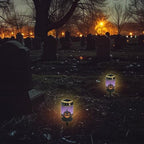 Poceacles Outdoor Solar Powered Cemetery Lights Grave Outdoor Stake Lights Garden Solar Lantern Flameless Candles Halloween Garden Decoration, Pumpkin Bat Print Violet, Pack of 4 - Image 4