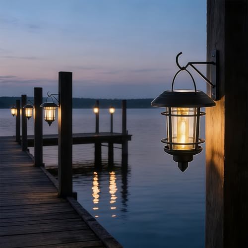 Dynaming 4 Pack Solar Lanterns Outdoor, Hanging Lantern Solar Garden Lights with Edison Bulb, Wall Mounted LED Light Auto On/Off, Waterproof for Garage Stair Patio Front Porch Yard, Warm White - Image 4