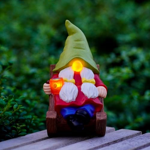 Solar Powered Relax Garden Gnome Statue, Rocking Chair Gnome 6.5“ with Glowing LED Nose & Coffee Cup, Hand Painted Resin Outdoor Indoor Decor Ornament for Patio Lawn Yard Home, Calming Novelty Gift - Image 4
