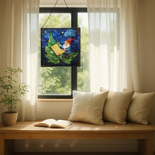Gnome with Night Sky map Stained Glass Suncatcher – Square Hanging Window Panel for Home, Garden, Nursery, Halloween, Christmas, Memorial Day – Whimsical Glass Art Gift for Gnome Lovers cg43hu - Image 7