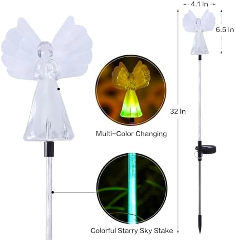 Outdoor Solar Garden Lights,4 Pack Solar Angel Decorative Lights, IP67 Waterproof Color Changing LED Solar Outdoor Lights,Solar Stake Lights for Cemetery Grave Garden Patio Yard Lawn Decoration - Image 3