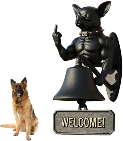 Cast Iron Muscle Dog Welcome Doorbell, Funny Bulldog Doorbell, Dog Middle Finger Decor Dinner Bell, Retro Metal Outdoor Dachshund Hanging Door Bell for Yard Garden by Unknown