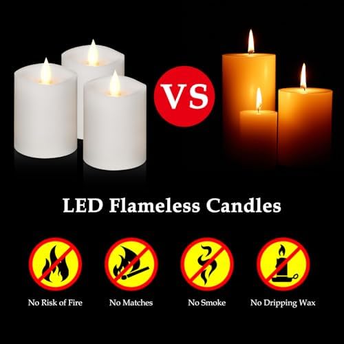 "3"x4" Flickering Flameless Candles with Remote Timer- Set of 3 Real Wax White Pillar LED Candles for Indoor/Outdoor Fireplace & Home Decor, Battery Operated with 600+ Hours Flickering (3" Diameter) - Image 4
