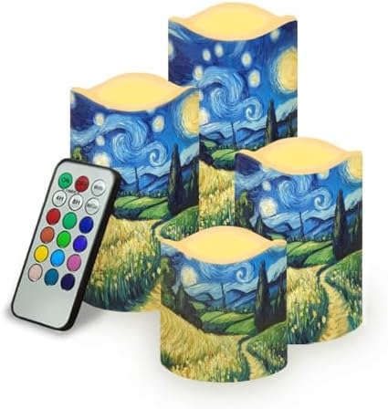Flameless Candles with Remote Van Gogh Starry Night Flickering Battery Operated Candles with Timer Waterproof Real Wax LED Pillar Candles for Holiday Party Decor Set of 4 by YUVAMAGIMO