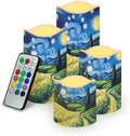 Flameless Candles with Remote Van Gogh Starry Night Flickering Battery Operated Candles with Timer Waterproof Real Wax LED Pillar Candles for Holiday Party Decor Set of 4 by YUVAMAGIMO