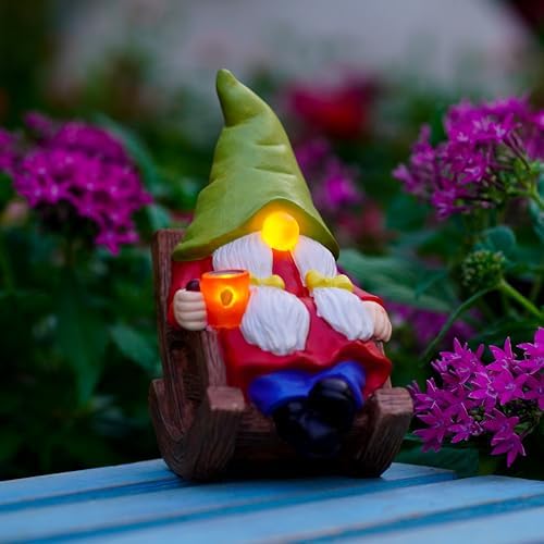 Solar Powered Relax Garden Gnome Statue, Rocking Chair Gnome 6.5“ with Glowing LED Nose & Coffee Cup, Hand Painted Resin Outdoor Indoor Decor Ornament for Patio Lawn Yard Home, Calming Novelty Gift by WSHMZYHOME