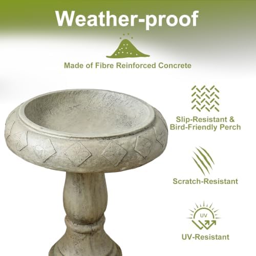 SKYFIRE Pedestal Birdbath for Garden - 23.2"H Fibre Reinforced Concrete Bird Bath, Decorative Outdoor Birdbath with Floral Embossed Basin, Weather Resistant Standing BirdBath for Patio, Lawn, Backyard - Image 3